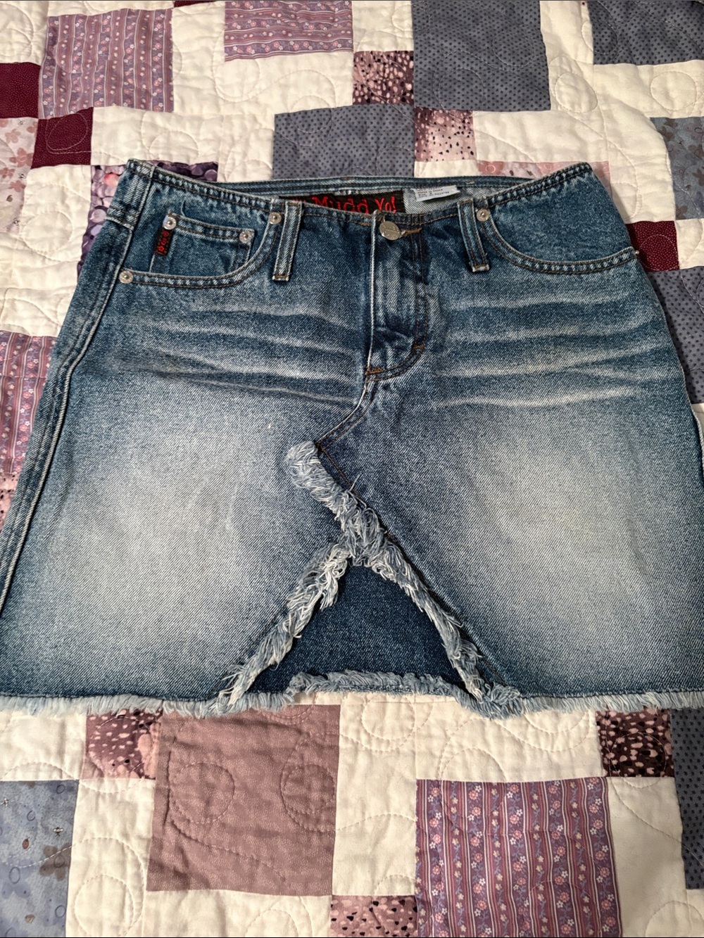 Mudd Distressed Frayed Front-Slit Denim Mini Skirt - Blue